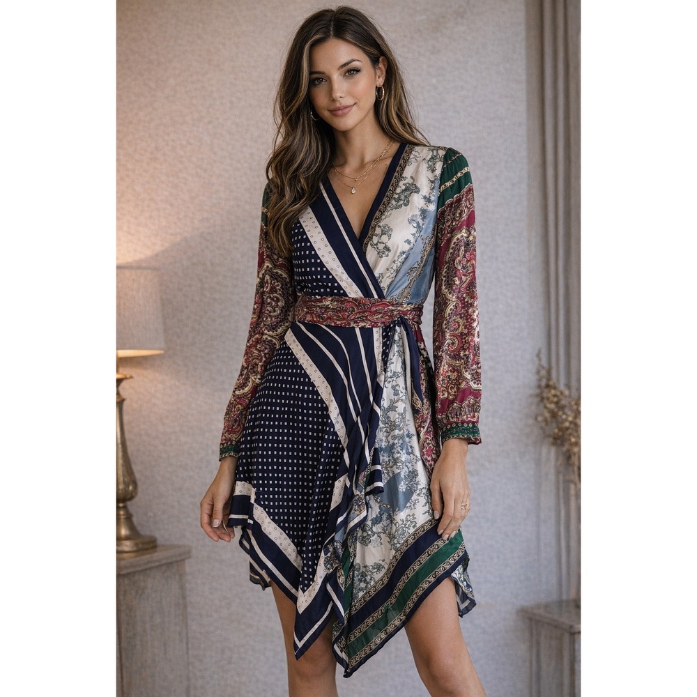 Anthropologie Moulinette Soeurs Wrap Dress Mixed Print Paisley Boho Hem‎ Size 4